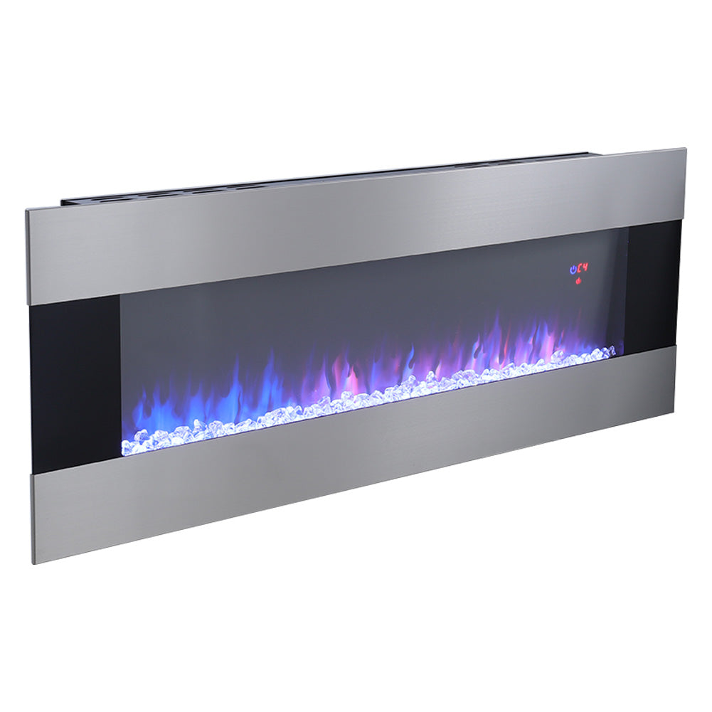 50/60 Inch Silver Electric Fireplace Crystal Accents 6 Flame Colour Heater Wall Mounted Fireplaces