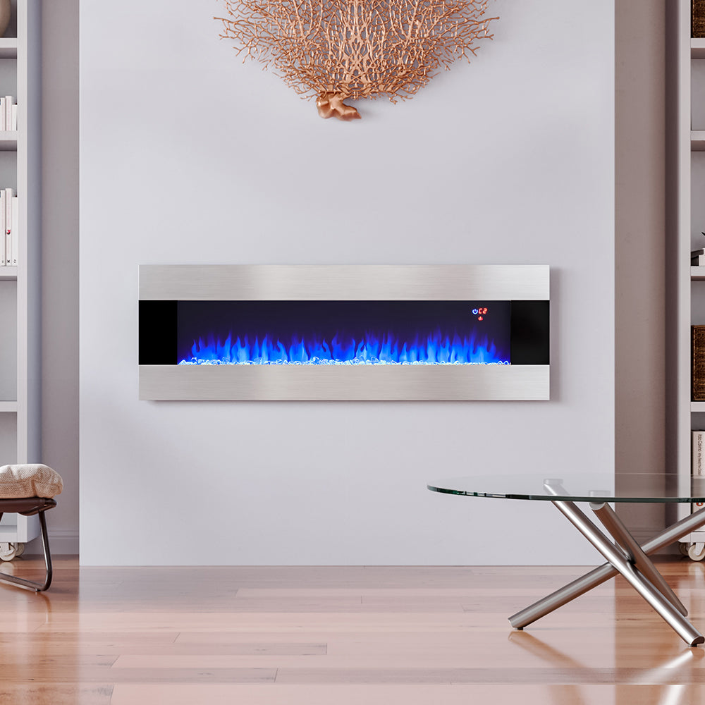50/60 Inch Silver Electric Fireplace Crystal Accents 6 Flame Colour Heater Wall Mounted Fireplaces