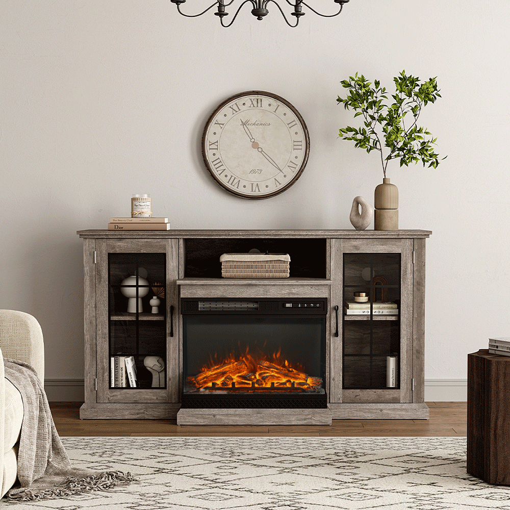 5ft Freestanding Fireplaces 3-Sided Electric Fireplace Rustic Grey TV Stand With Remote Control