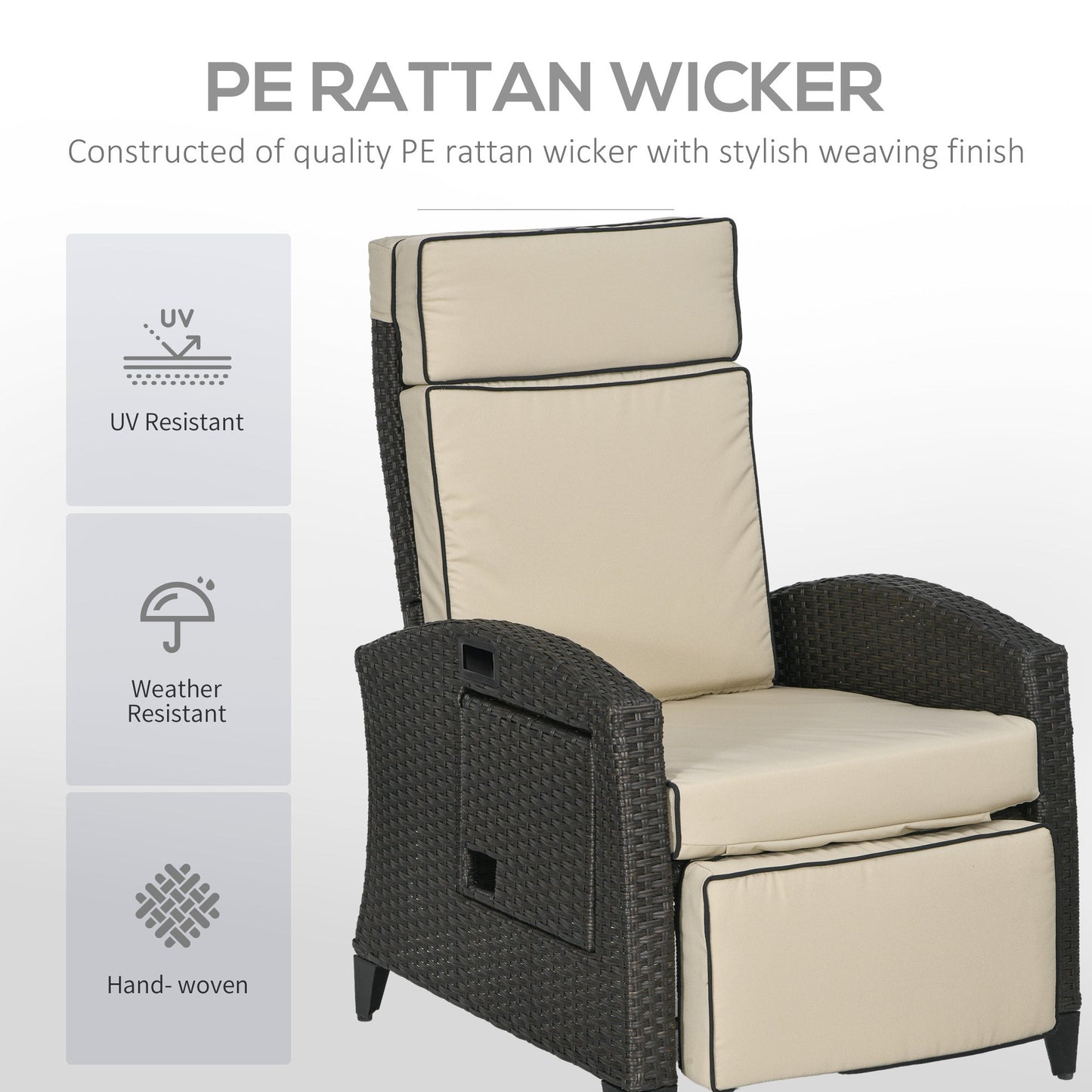 Outsunny Outdoor Recliner Chair with Adjustable Backrest and Footrest, Cushion, Side Tray, Khaki/Brown