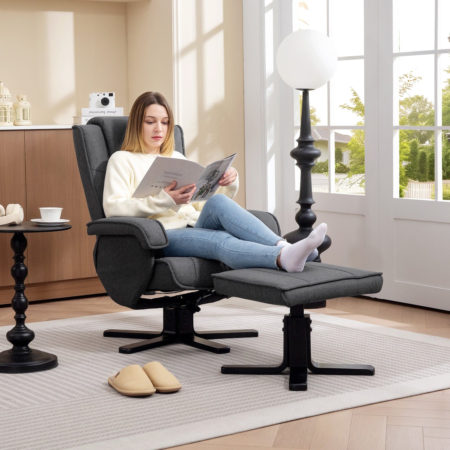 HOMCOM Rocker Swivel Recliner Chair z podnóżkiem - antracytowy len
