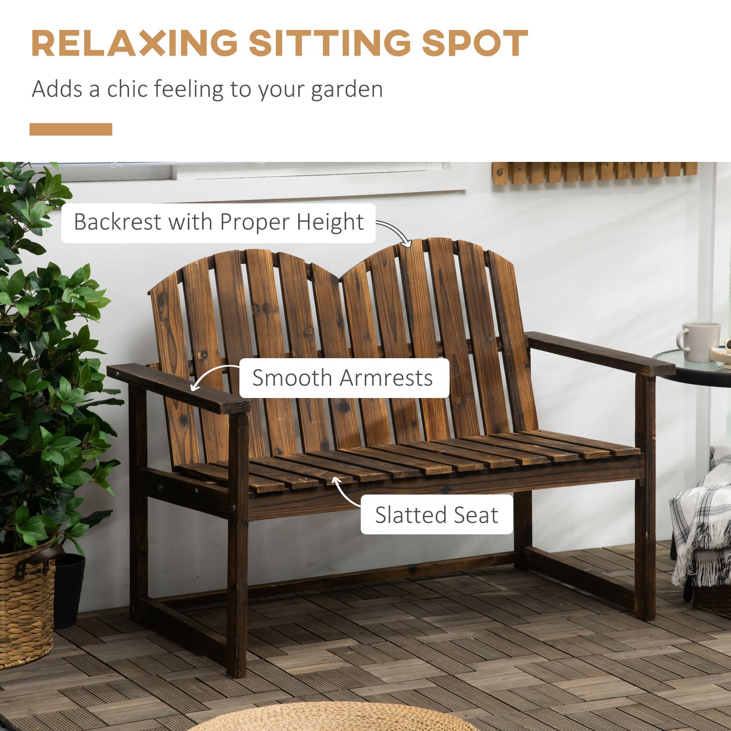 Outsunny Outdoor Drewniana Ławka Ogrodowa, Patio Doubleseat Chair z Listwowym Oparciem i Gładkimi Podłokietnikami dla Dwóch Osób, Do Ogrodu, Trawnika, Werandy, Wykończenie Karbonizowane