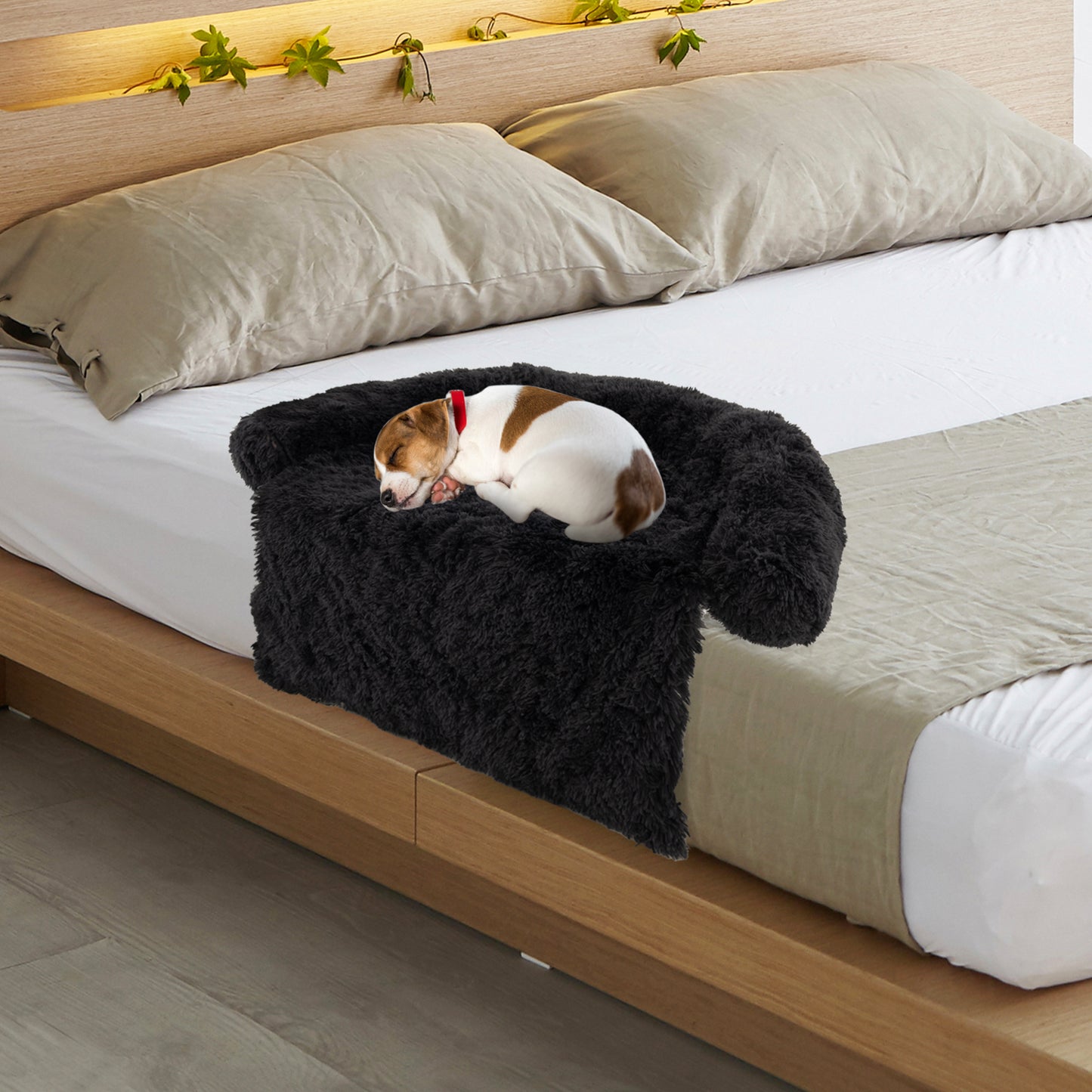 Fluffy Dog Mat Couch Cover Protector with Detachable Washable Cover and Anti-slip Bottom-Black-S