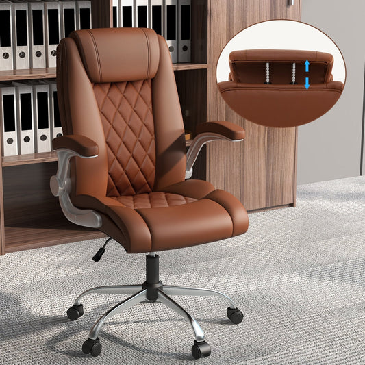PU Leather Office Chair Height Adjustable Executive Chair with Headrest-Brown