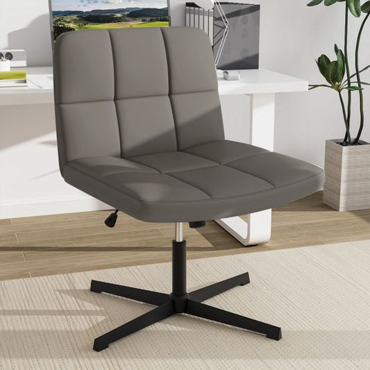 PU Leather Upholstered Armless Cross Legged Office Desk Chair No Wheels-Grey