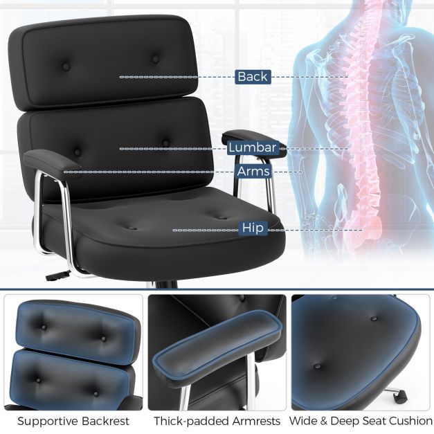 PU Leather Upholstered Desk Office Chair with Button Tufted Back-Black