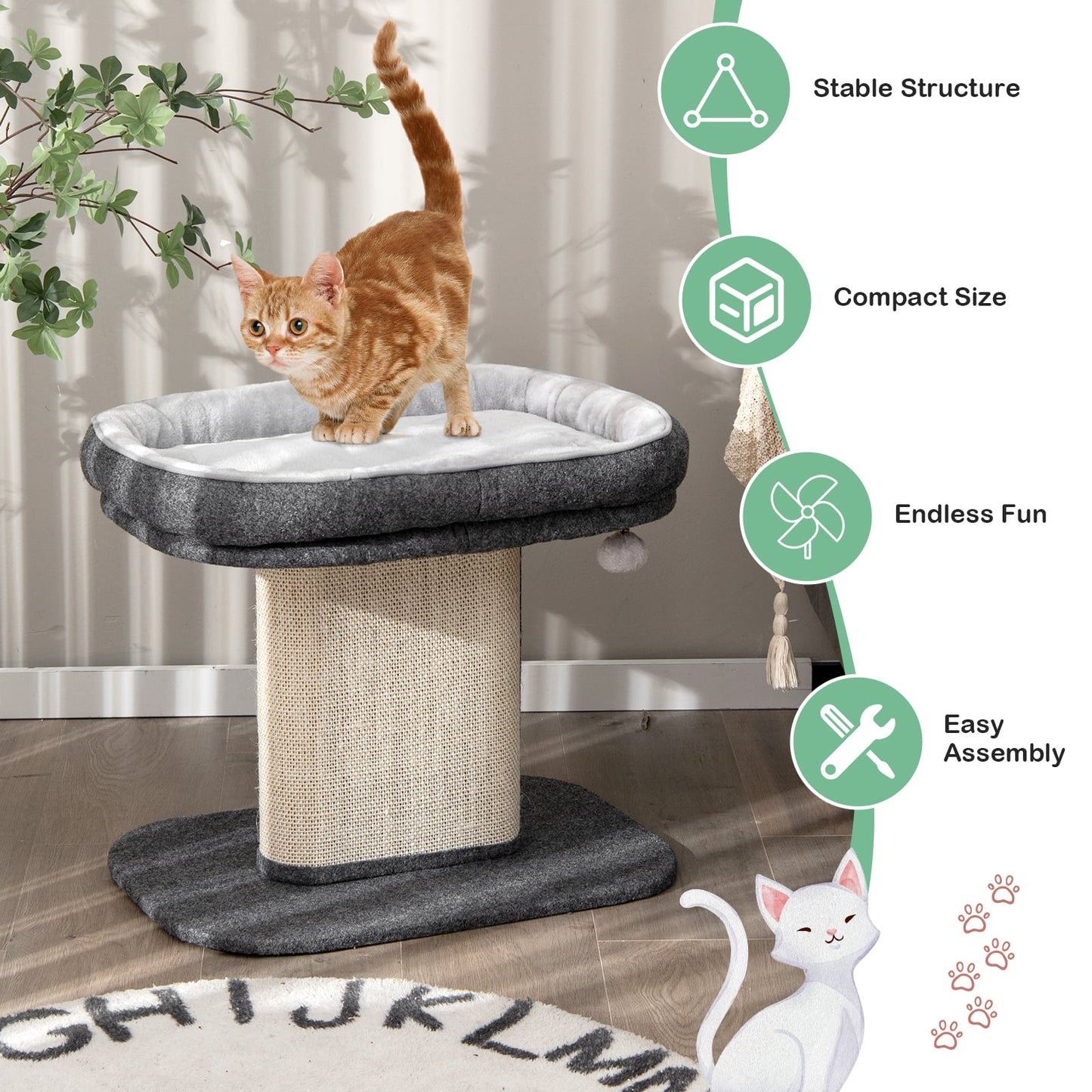 2-Tier Cat Tree with Sleeping Perch Sisal Scratching Plate and Ball-Grey