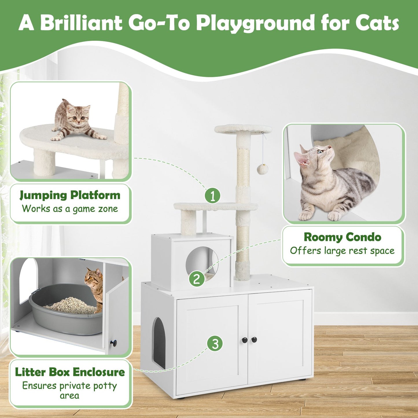 Cat Litter Box Enclosure with Cat Tree and Kitty Condo-White
