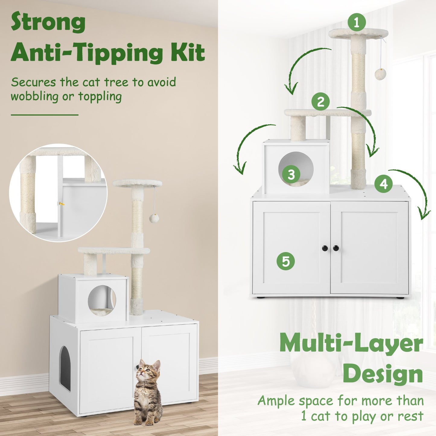 Cat Litter Box Enclosure with Cat Tree and Kitty Condo-White