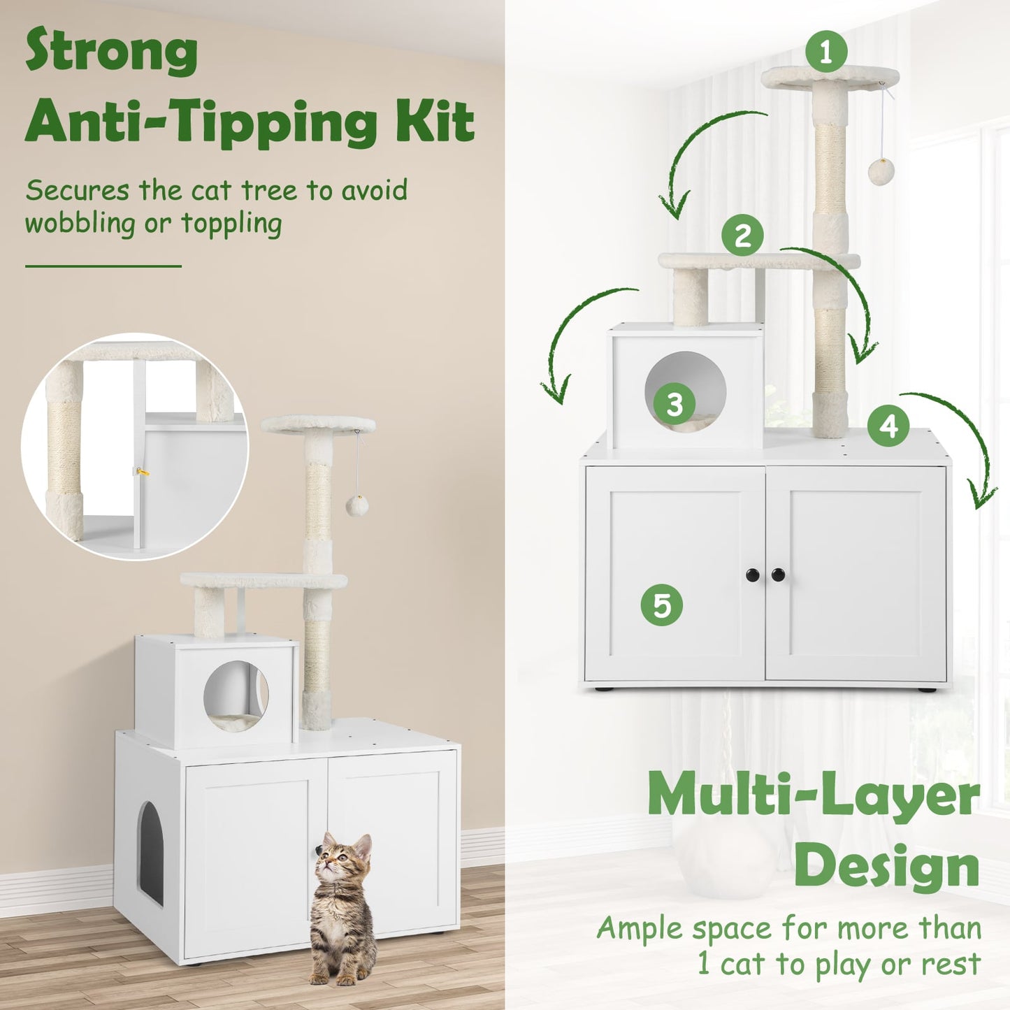 Cat Litter Box Enclosure with Cat Tree and Kitty Condo-White