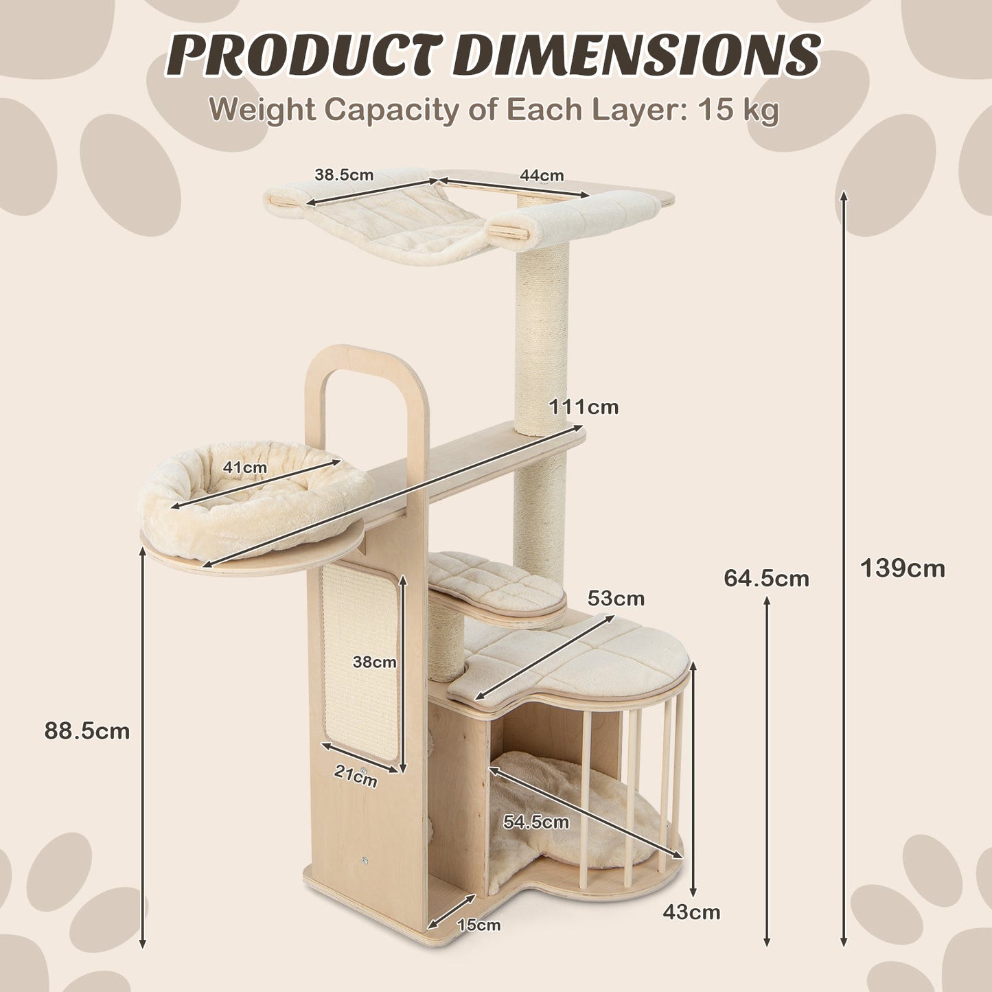 Tall Cat Tree with Hammock Condo and Sisal Scratching Posts-Natural