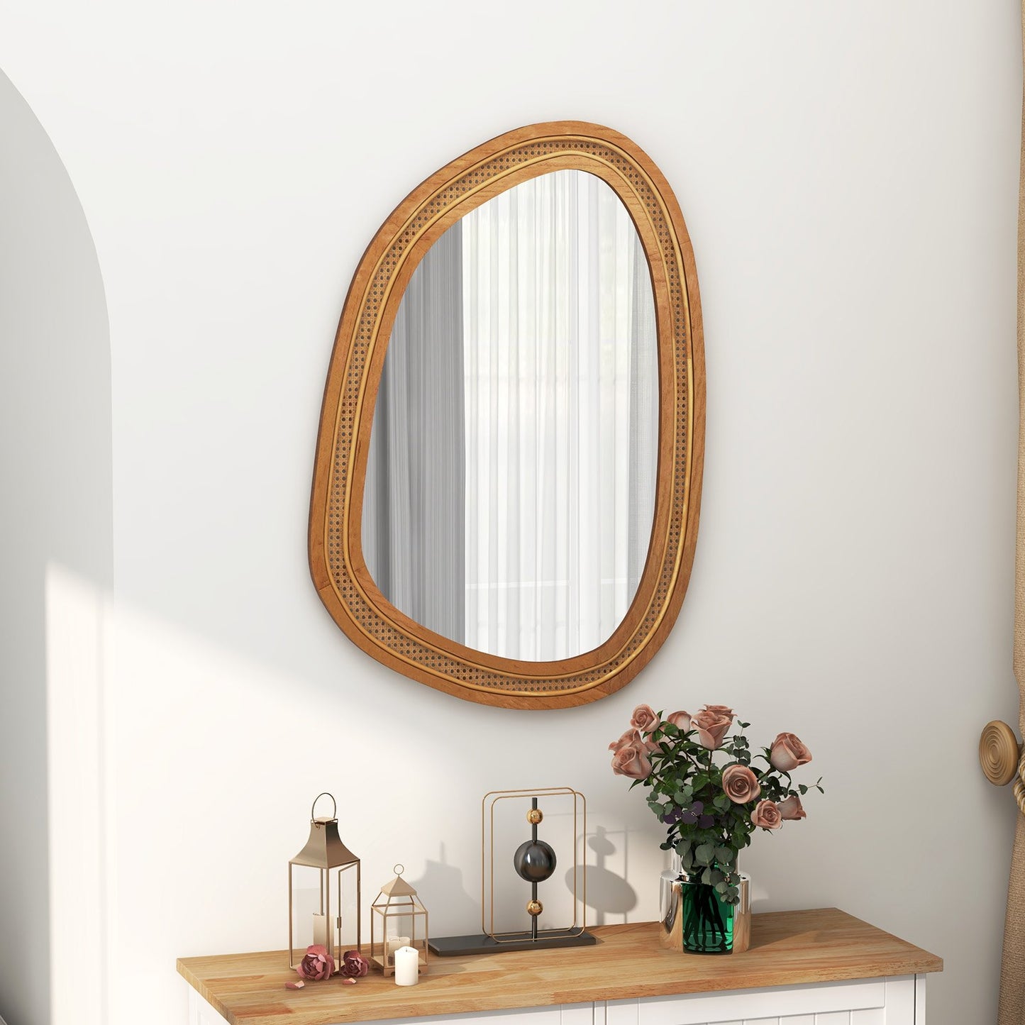 Irregular PVC Rattan Wall Mirror Boho Style Decorative Mirror-Natural