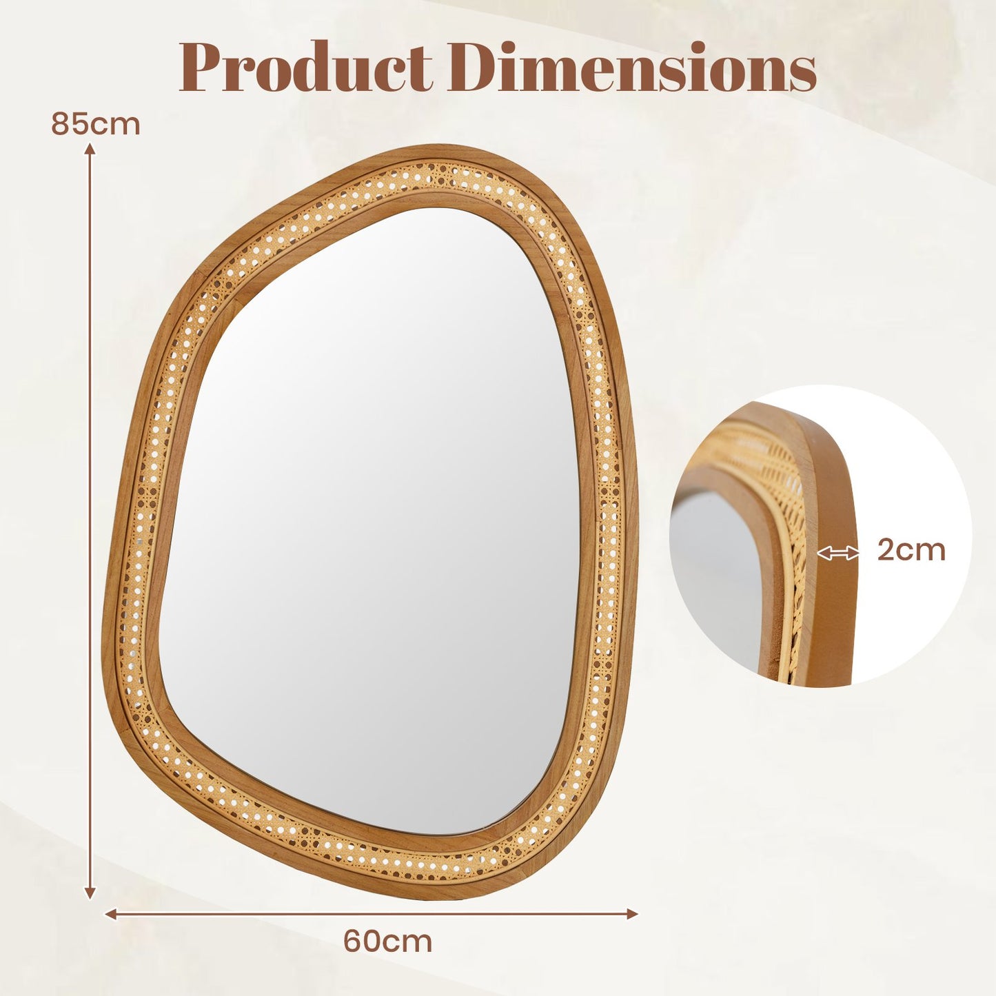 Irregular PVC Rattan Wall Mirror Boho Style Decorative Mirror-Natural