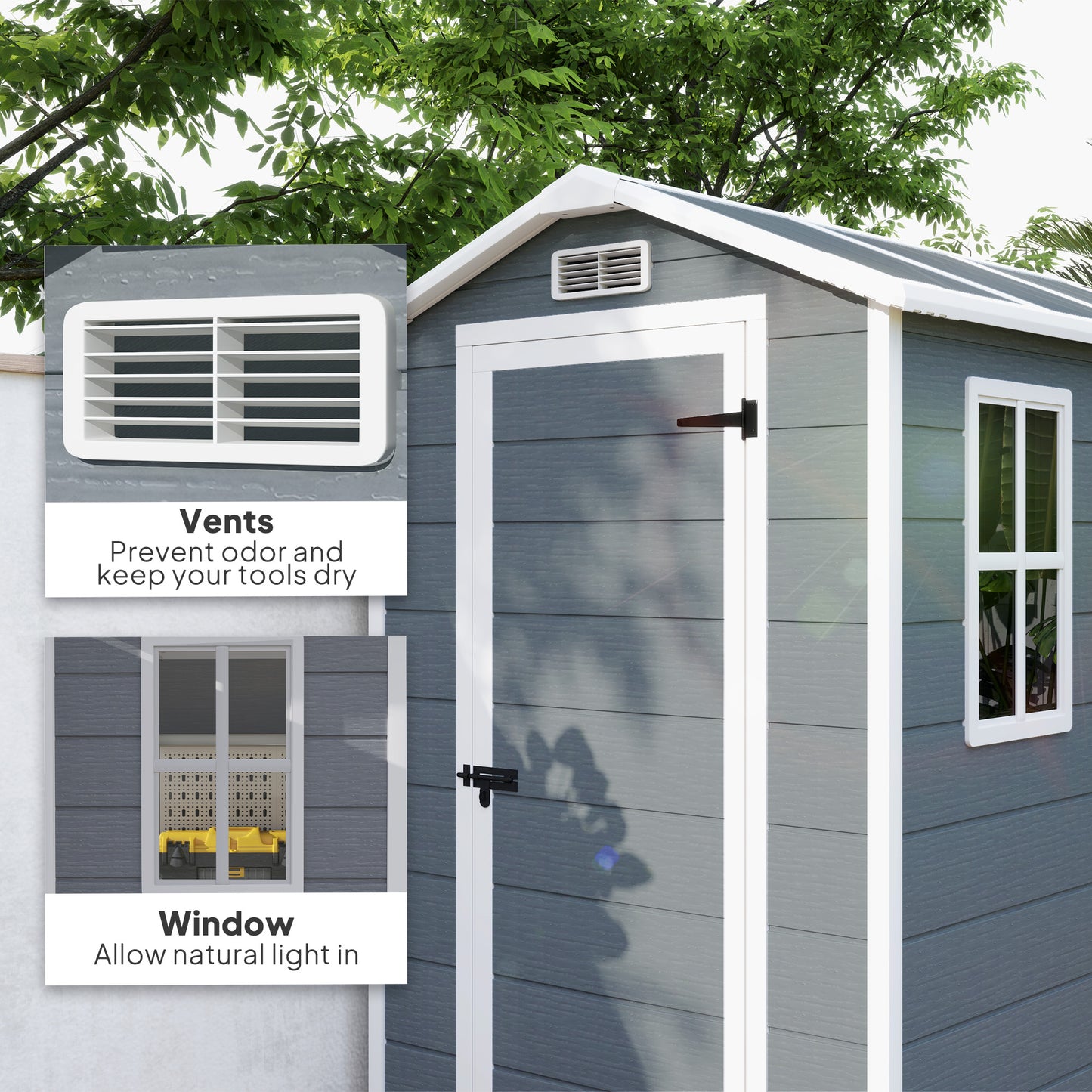 Outsunny 4 x 6ft Garden Shed, plastikowa szopa z podłogą, oknem, zamykanymi drzwiami i otworami wentylacyjnymi, żywiczna szopa na narzędzia do przechowywania na patio, zerowa konserwacja, szara
