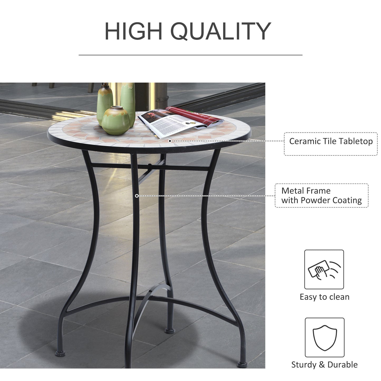 Outsunny 60cm Mozaika Okrągły Stół Bistro Stolik Barowy Patio Ogród Zewnętrzny Balkon Meble