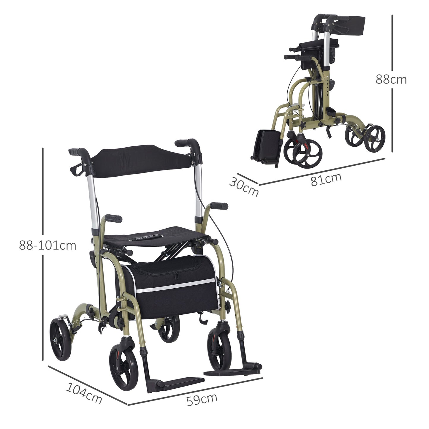 Wózek inwalidzki HOMCOM Rollator Walker z hamulcami i torbą – żółty/zielony