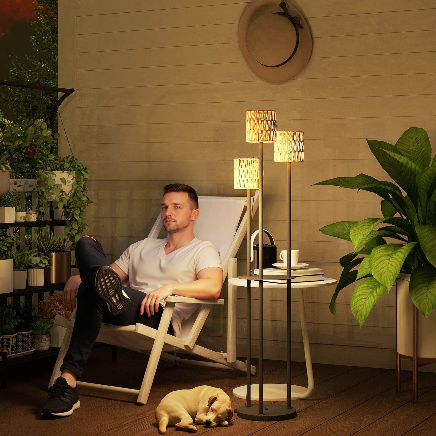Lampa podłogowa Outsunny Boho Rattan, 3-lampowa lampa rattanowa z półką, wolnostojąca lampa ogrodowa solarna z automatycznym włączaniem/wyłączaniem, IP44 wodoodporna, na werandę, ścieżkę, taras, żółta