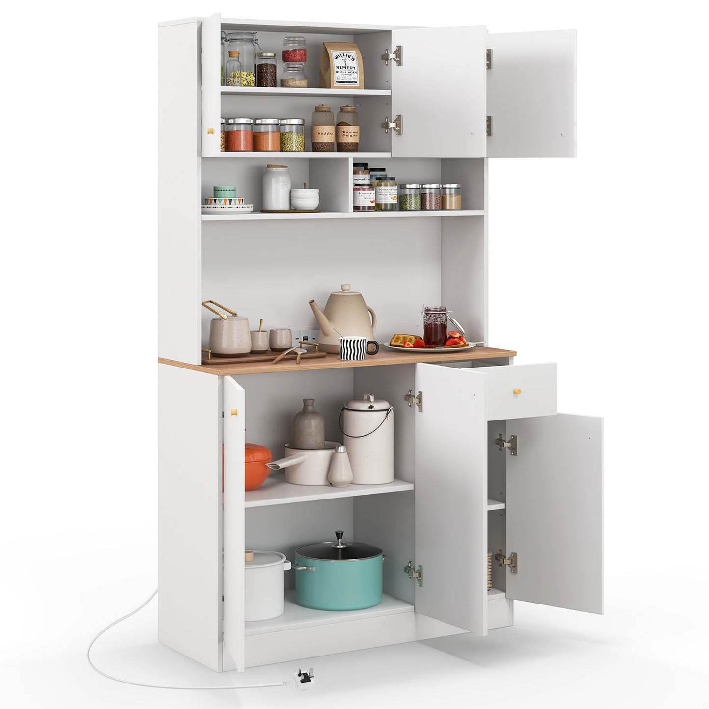 180 cm Tall Pantry Cabinet with Outlets USB Ports-White
