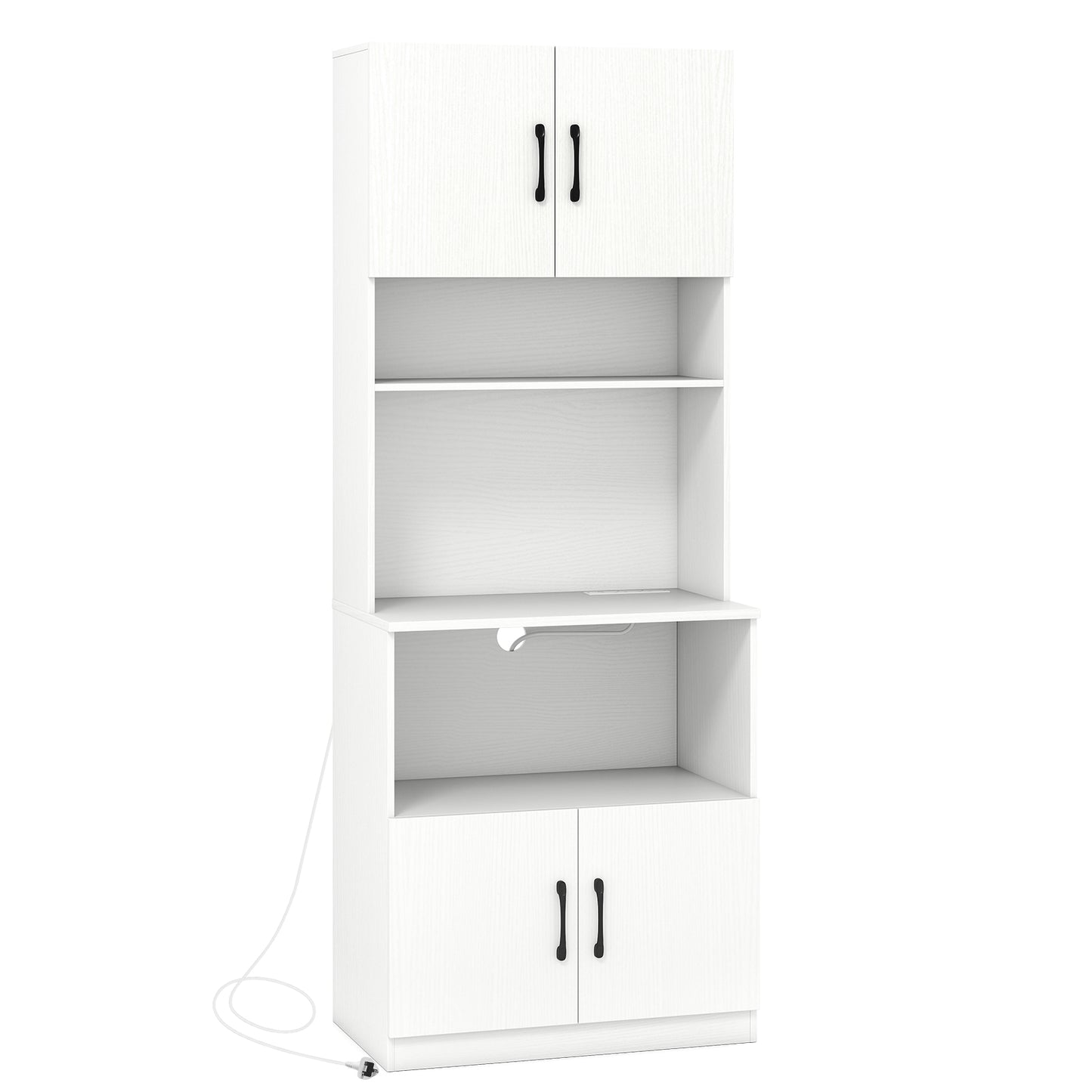 Pantry Cabinet with Power Outlets Freestanding Narrow Kitchen Hutch with 4 Doors-White