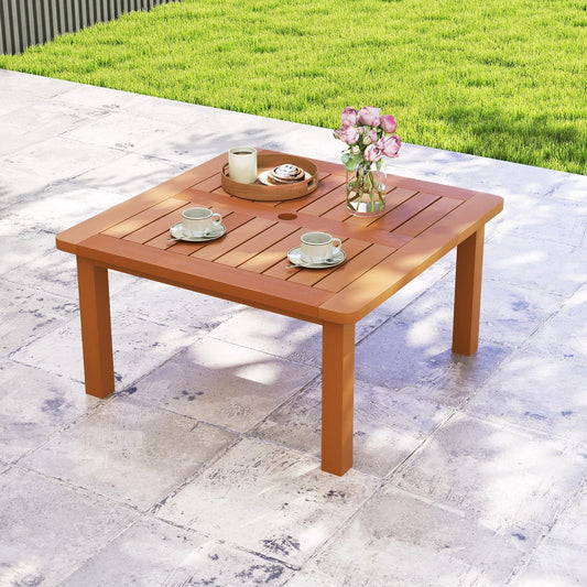 Patio Coffee Table with Umbrella Hole Outdoor Solid Wood End Table