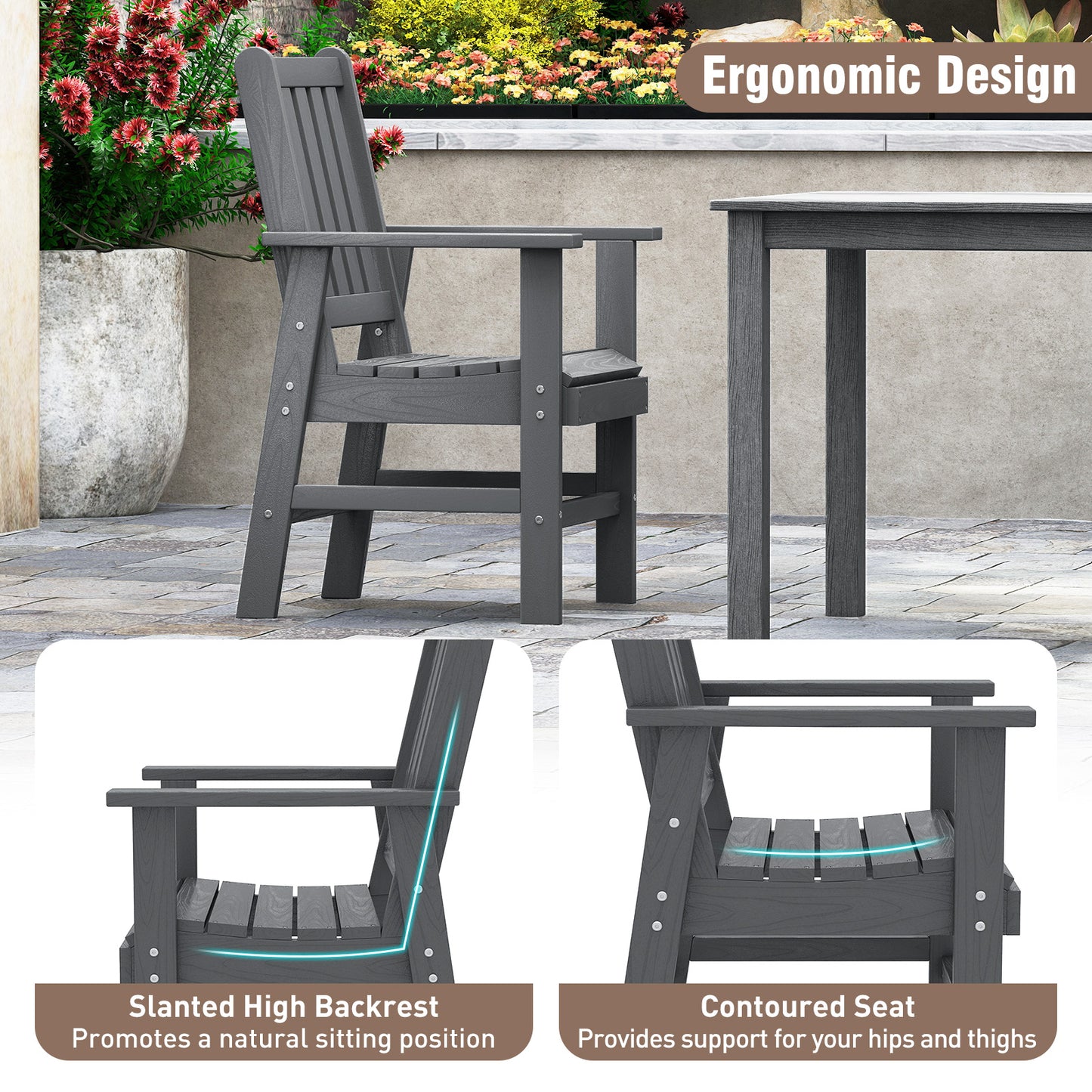 Patio Dining Chair HDPE All Weather Adirondack Armchair with Curved Seat-Grey