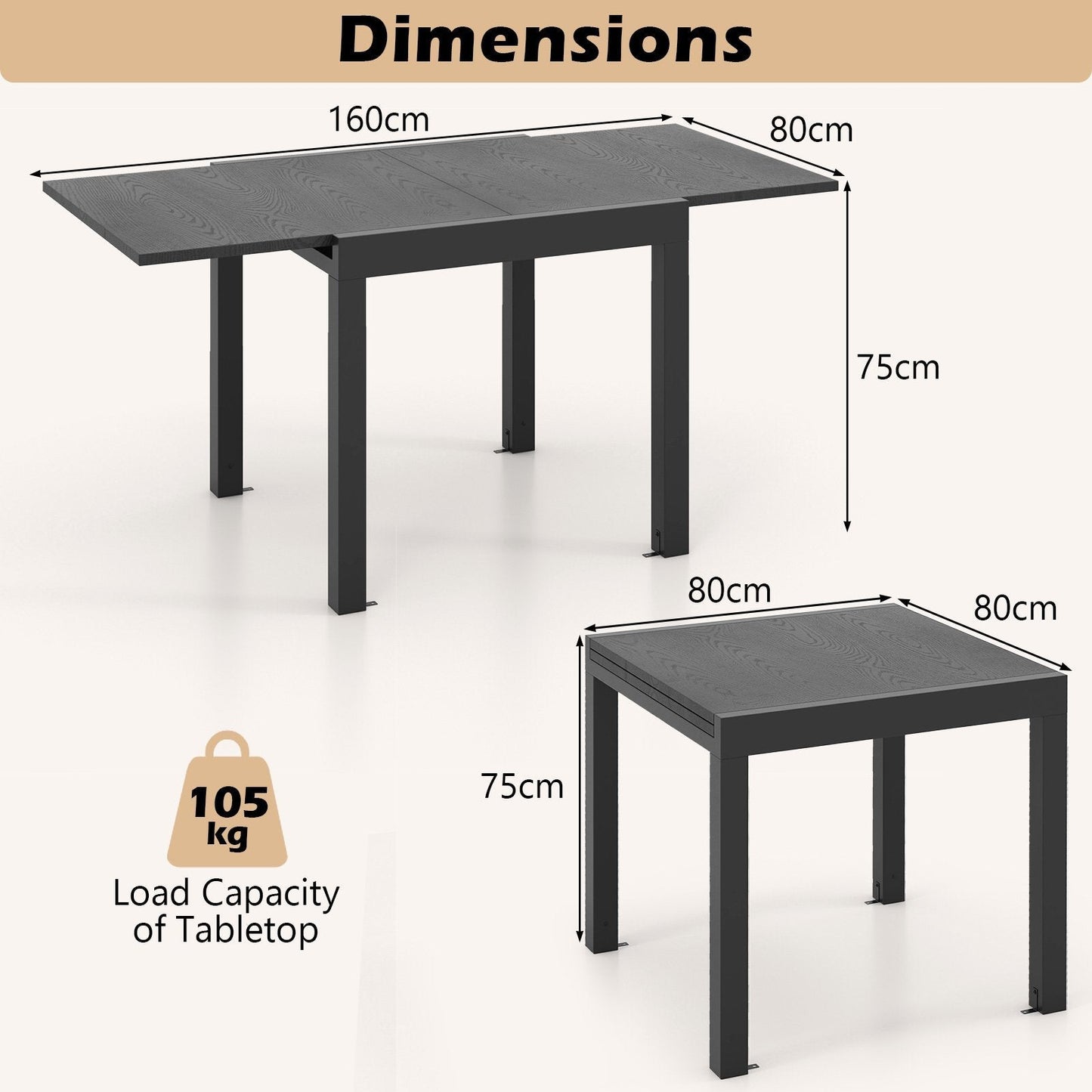 Patio Expandable Dining Table Rectangular Aluminum Dining Table for 4-6 Person-Grey