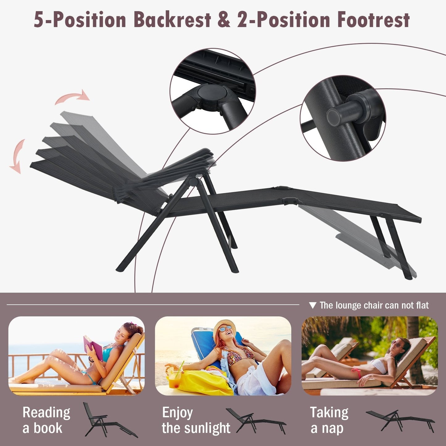 Patio Foldable Chaise Lounge Chair Reclining with Adjustable Backrest-Black-2 Pack