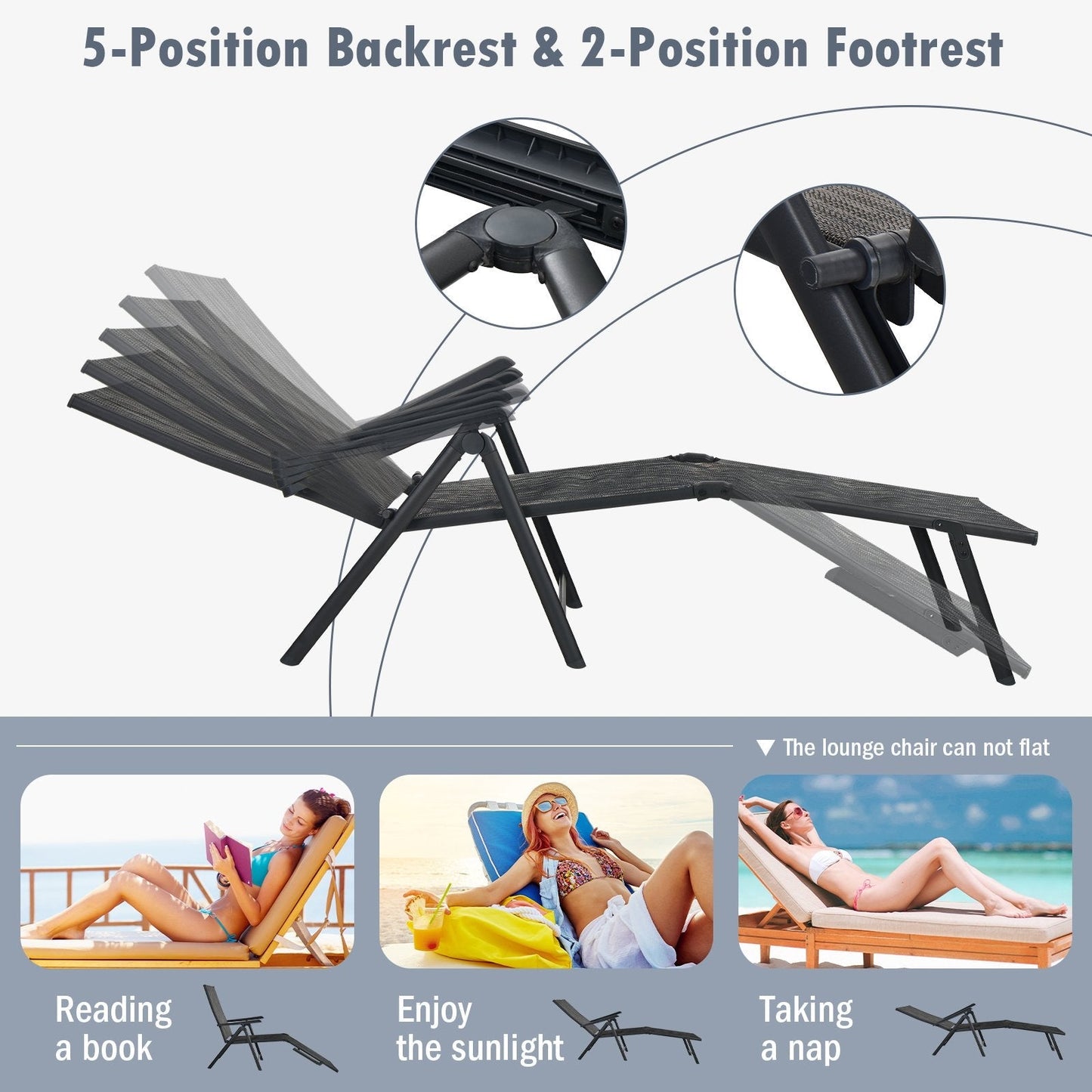 Patio Foldable Chaise Lounge Chair Reclining with Adjustable Backrest-Grey-2 Pack