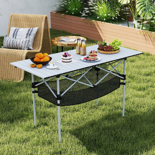 Patio Folding Camping Table Picnic Table with Aluminum Roll-up Tabletop-Silver