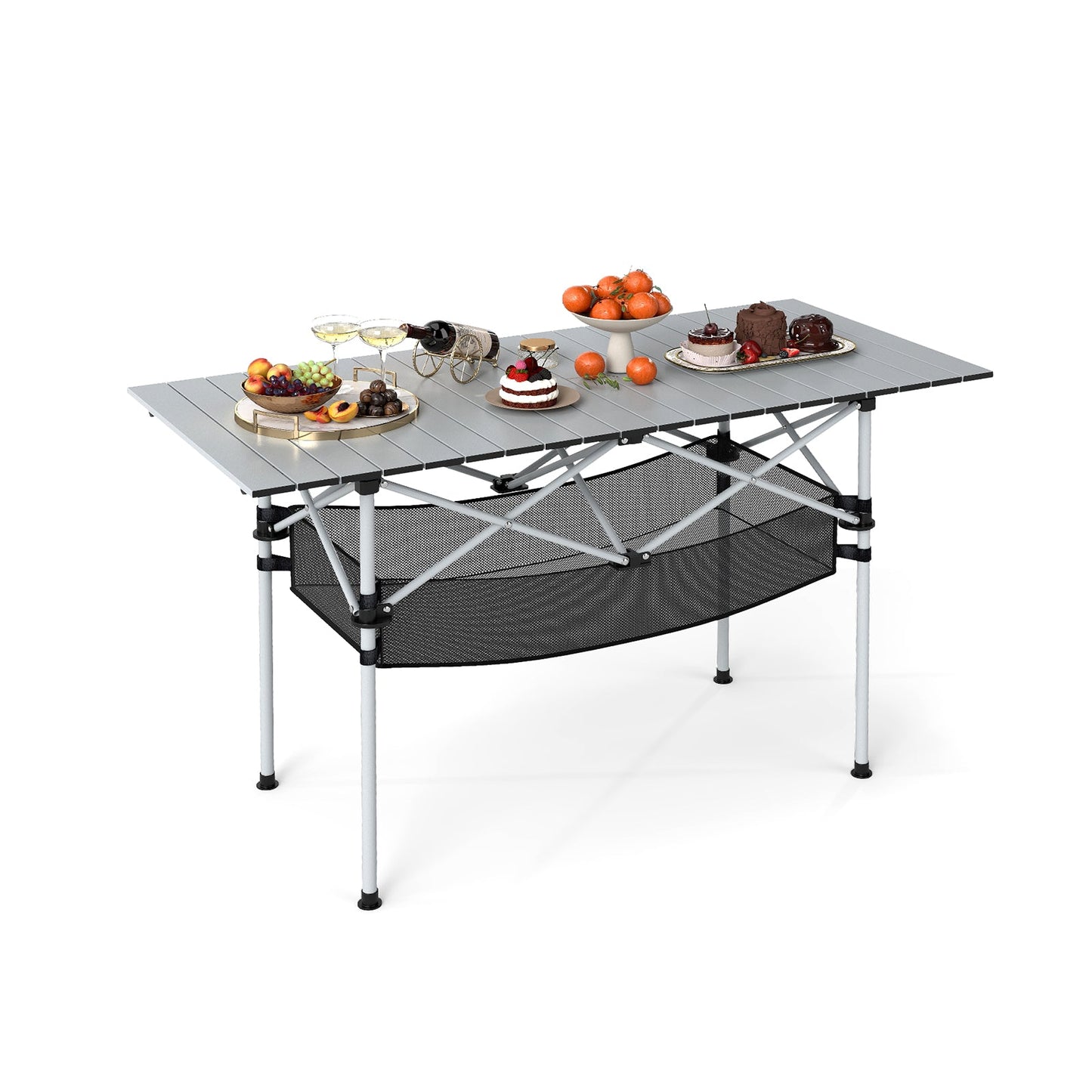 Patio Folding Camping Table Picnic Table with Aluminum Roll-up Tabletop-Silver