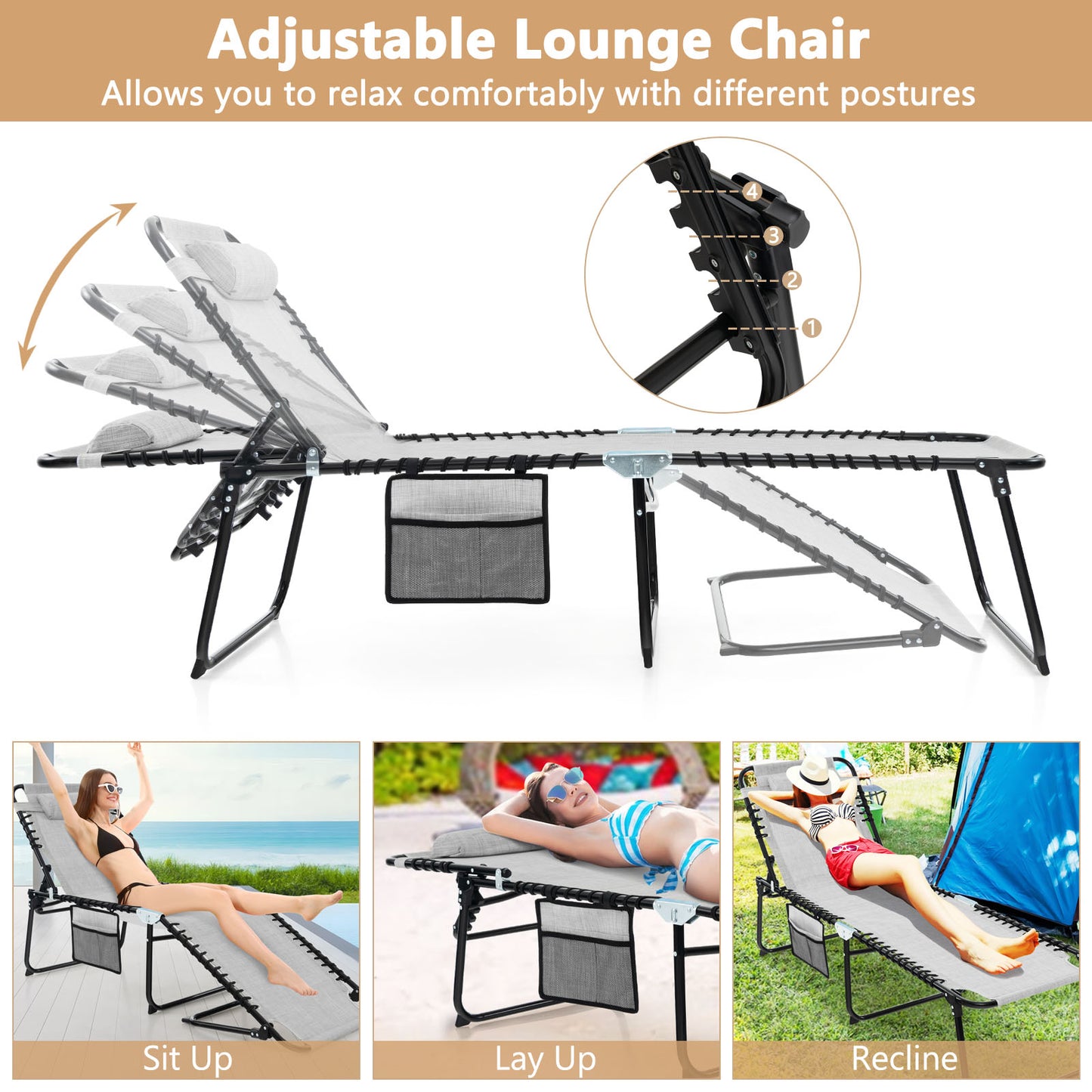 Patio Folding Chaise Lounge Chair Portable Sun Lounger with Adjustable Backrest-Grey