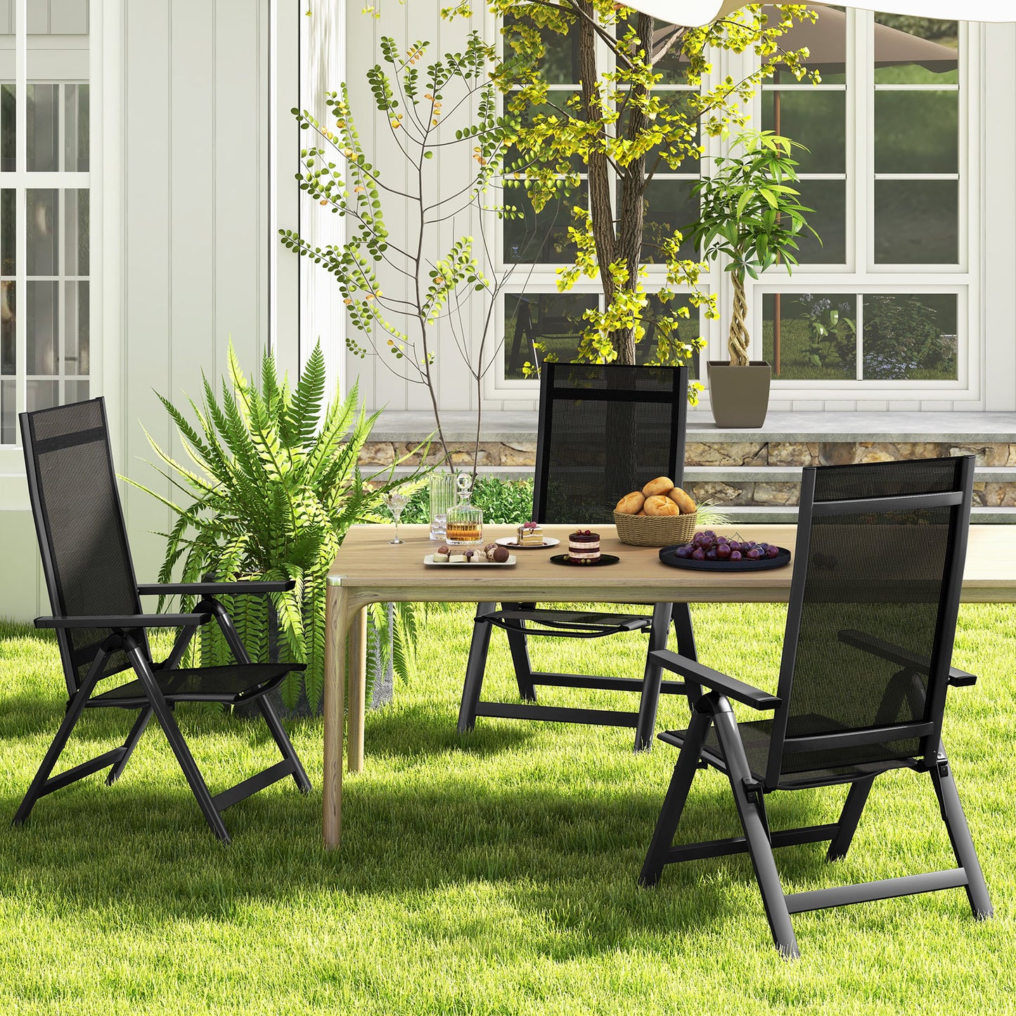 Patio Folding Lightweight Dining Chairs with 7-Position Adjustable High Backrest-Black