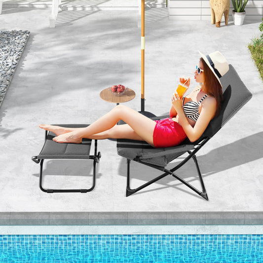 Patio Folding Sling Chair with Ottoman and with Removable Cushion-Grey