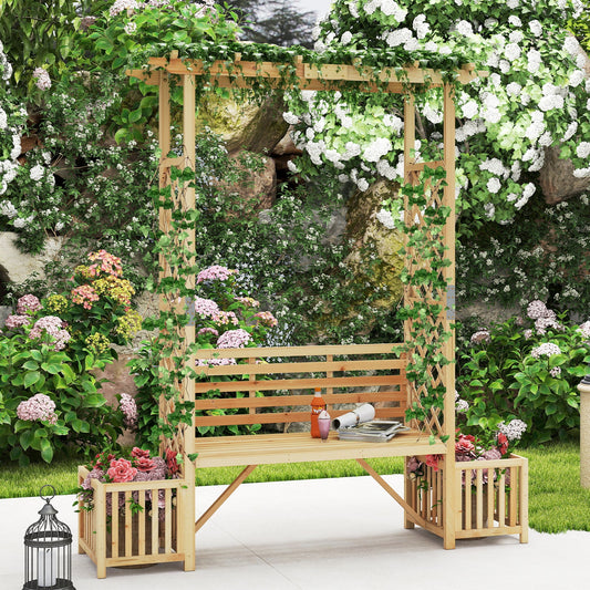 Patio Garden Bench Arbor Arch Wooden Outdoor Bench with Pergola-Natural