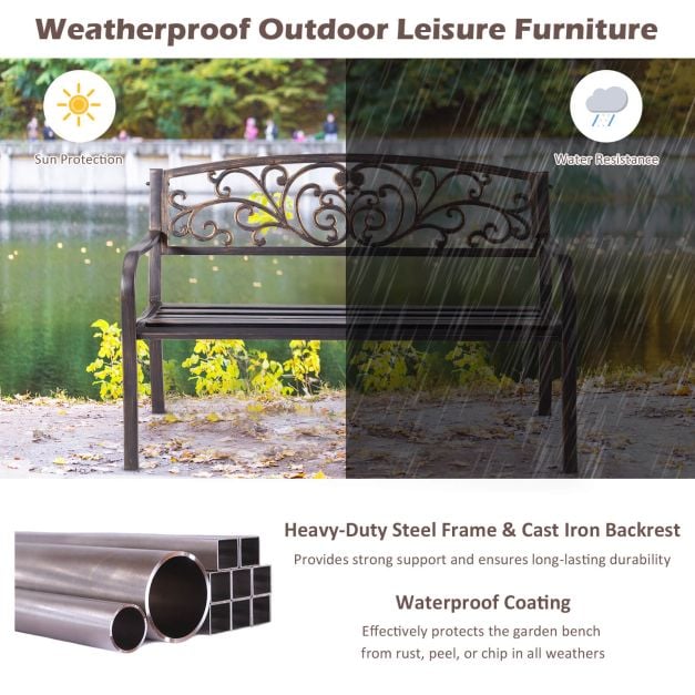 Patio Garden Bench Cast Iron and Steel Porch Loveseat with Armrests-Bronze