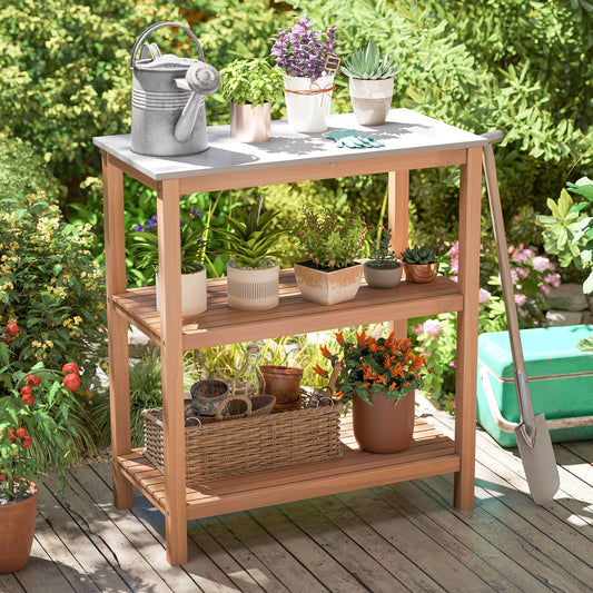 Patio Garden Potting Bench Table 3-Tier Acacia Wood Planting Workstation