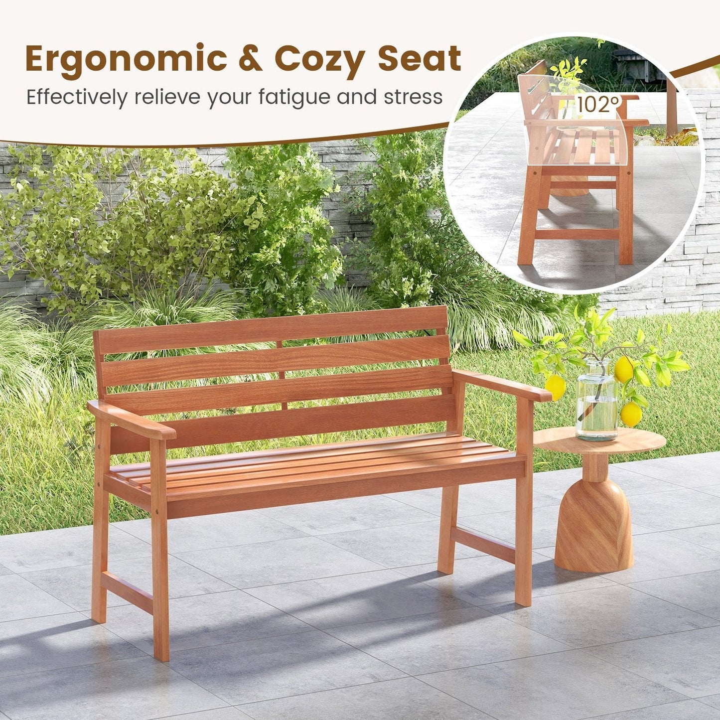 Patio Hardwood Bench Wood 2-Seat Chair with Breathable Slatted Seat