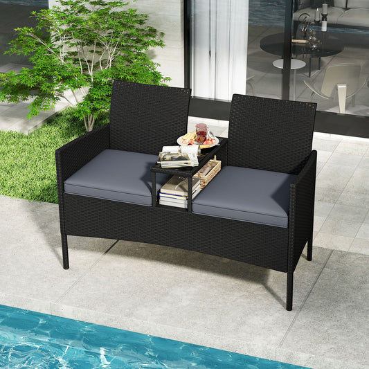 Patio Loveseat with Built-in Table with Soft Cushions and Tempered Glass Tabletop-Grey