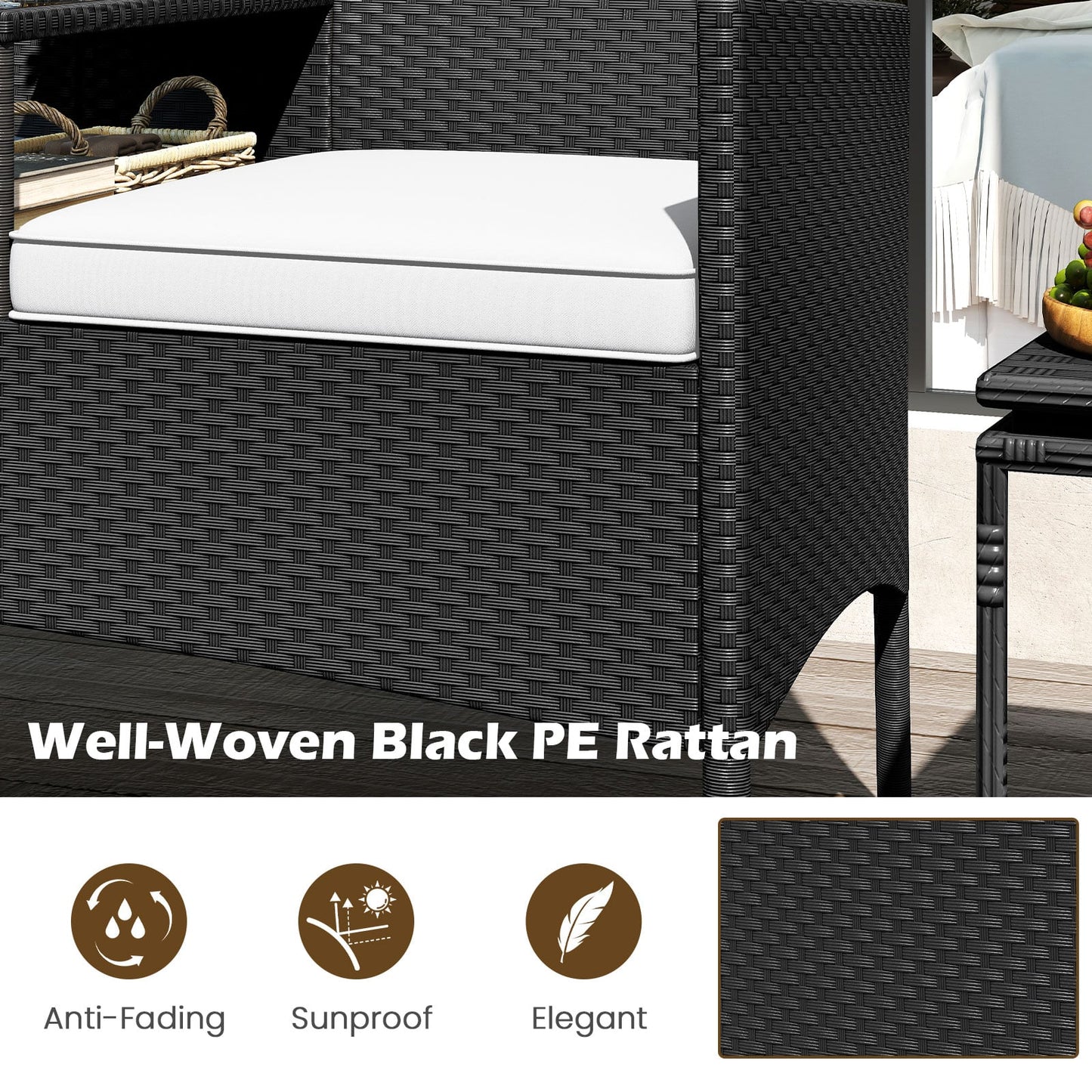 Patio Loveseat with Built-in Table with Soft Cushions and Tempered Glass Tabletop-White