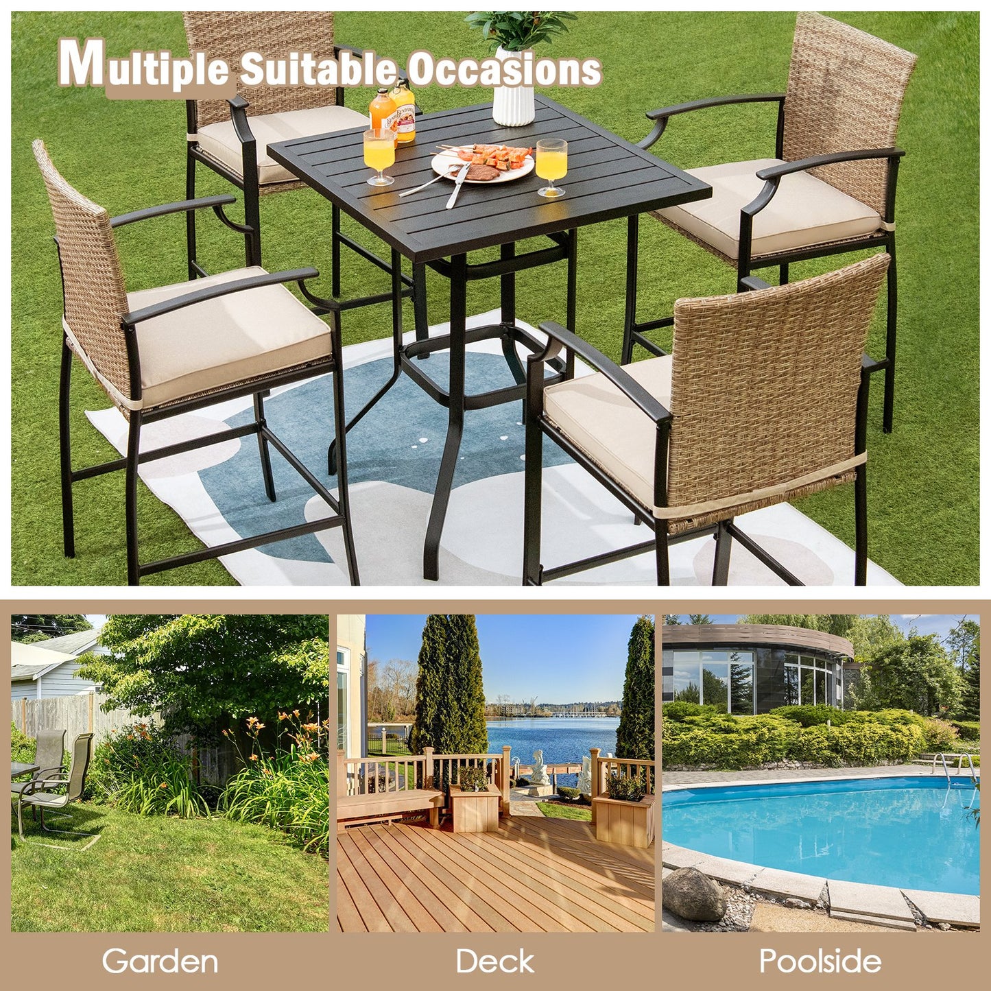 Patio Rattan Bar Stools Set of 4 with Soft Cushions High Backrest
