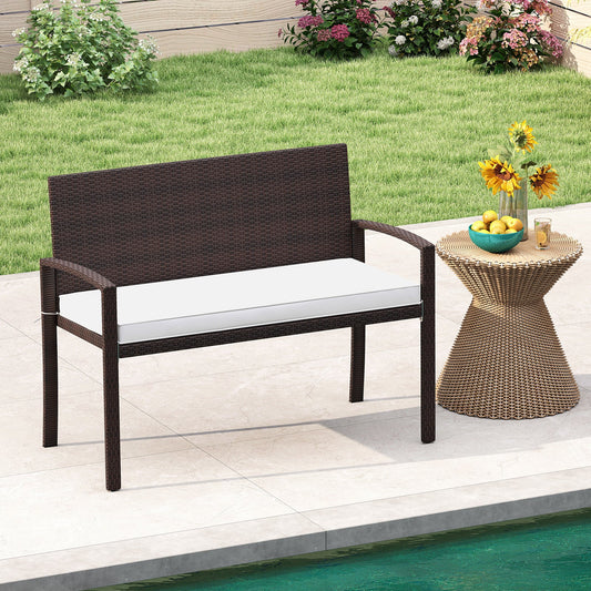 Patio Rattan Loveseat Wicker 2-Seat Bench with Soft Seat Cushion-White