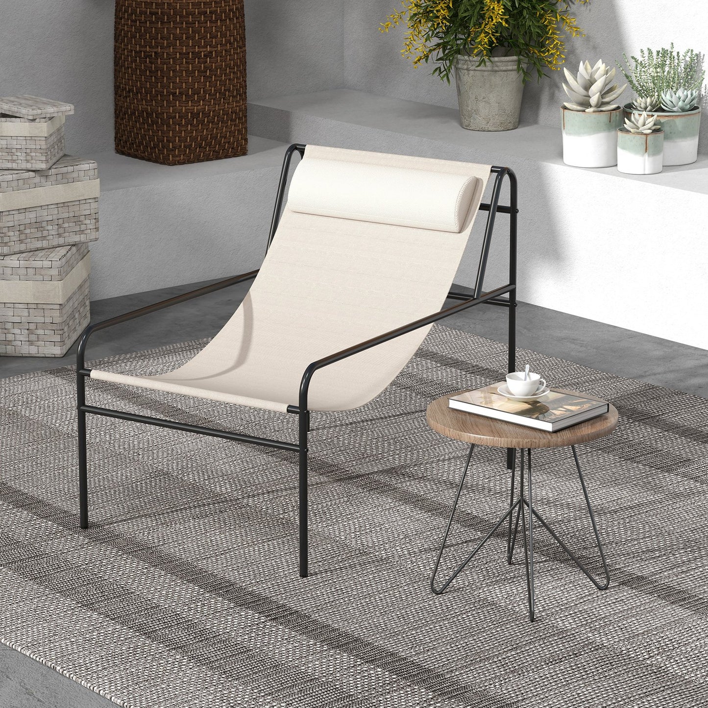 Patio Sling Lounge Chair wth Removable Headrest Pillow-Beige