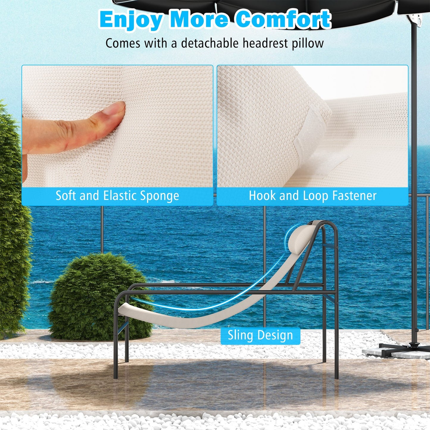 Patio Sling Lounge Chair wth Removable Headrest Pillow-Beige
