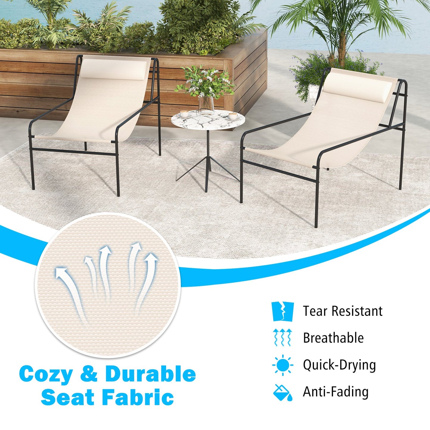 Patio Sling Lounge Chair wth Removable Headrest Pillow-Beige