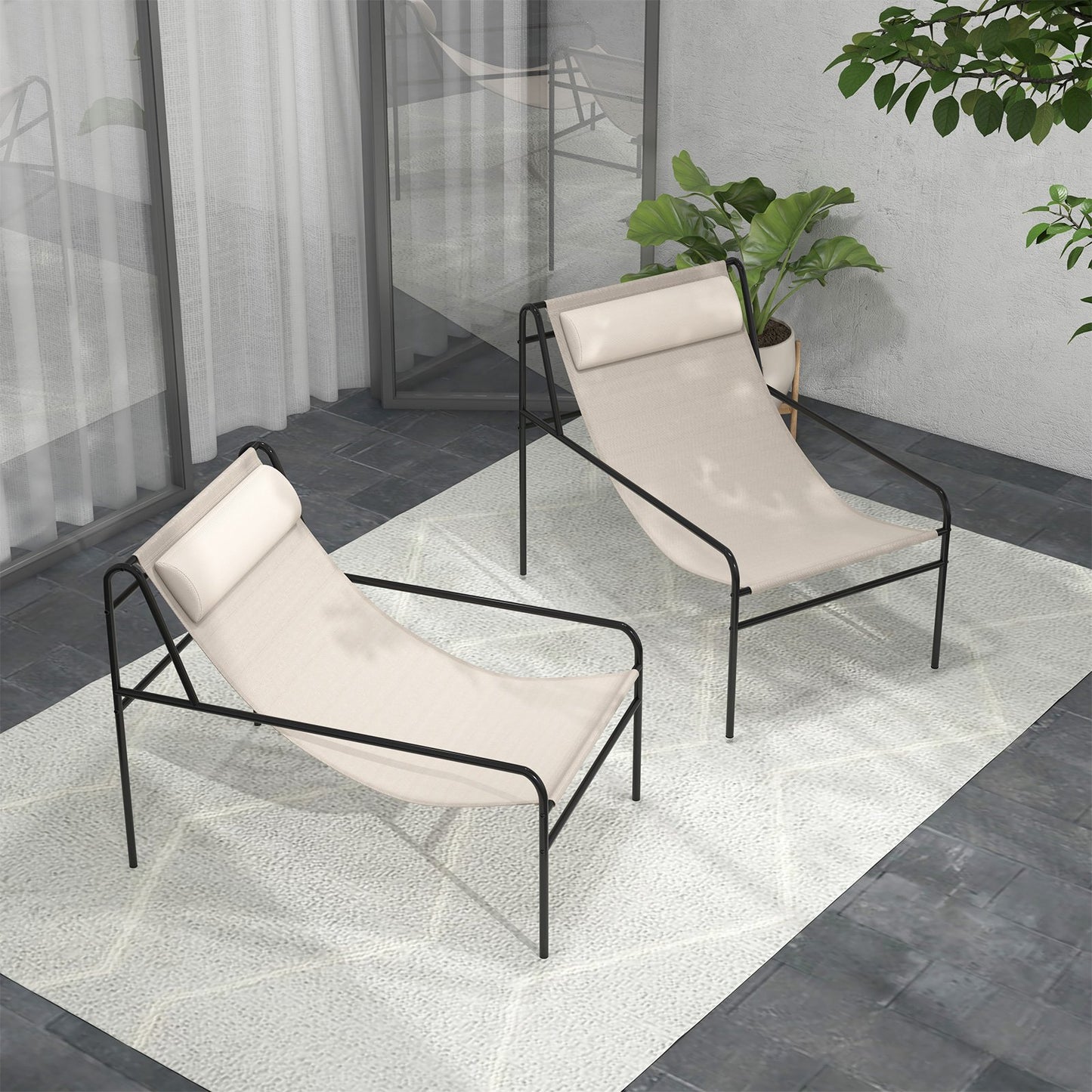Patio Sling Lounge Chair wth Removable Headrest Pillow-Beige