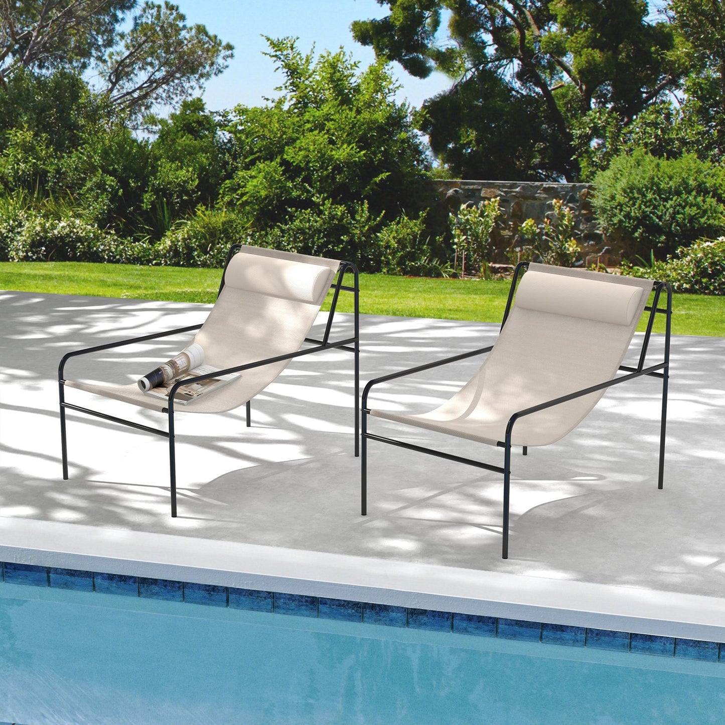 Patio Sling Lounge Chair wth Removable Headrest Pillow-Beige