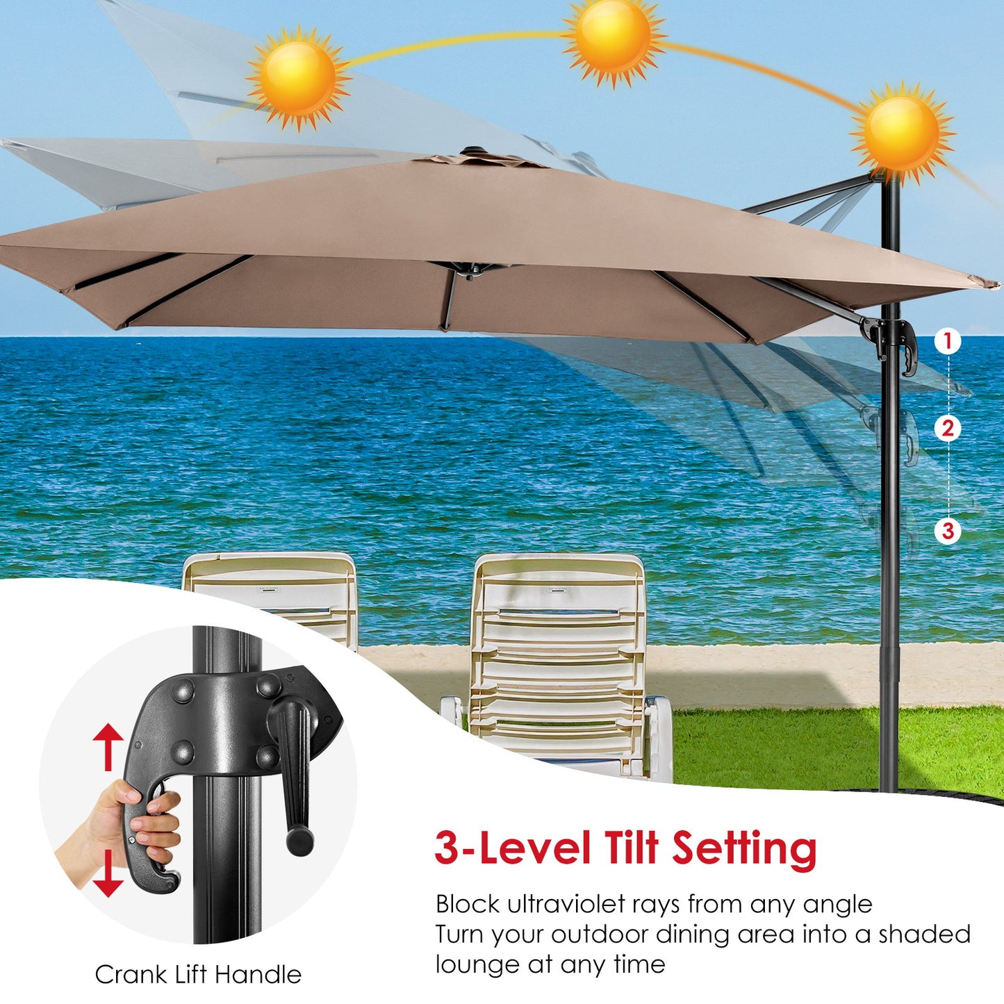 Patio Umbrella Square Offset with Cross Base and Tilt Adjustable-Coffee