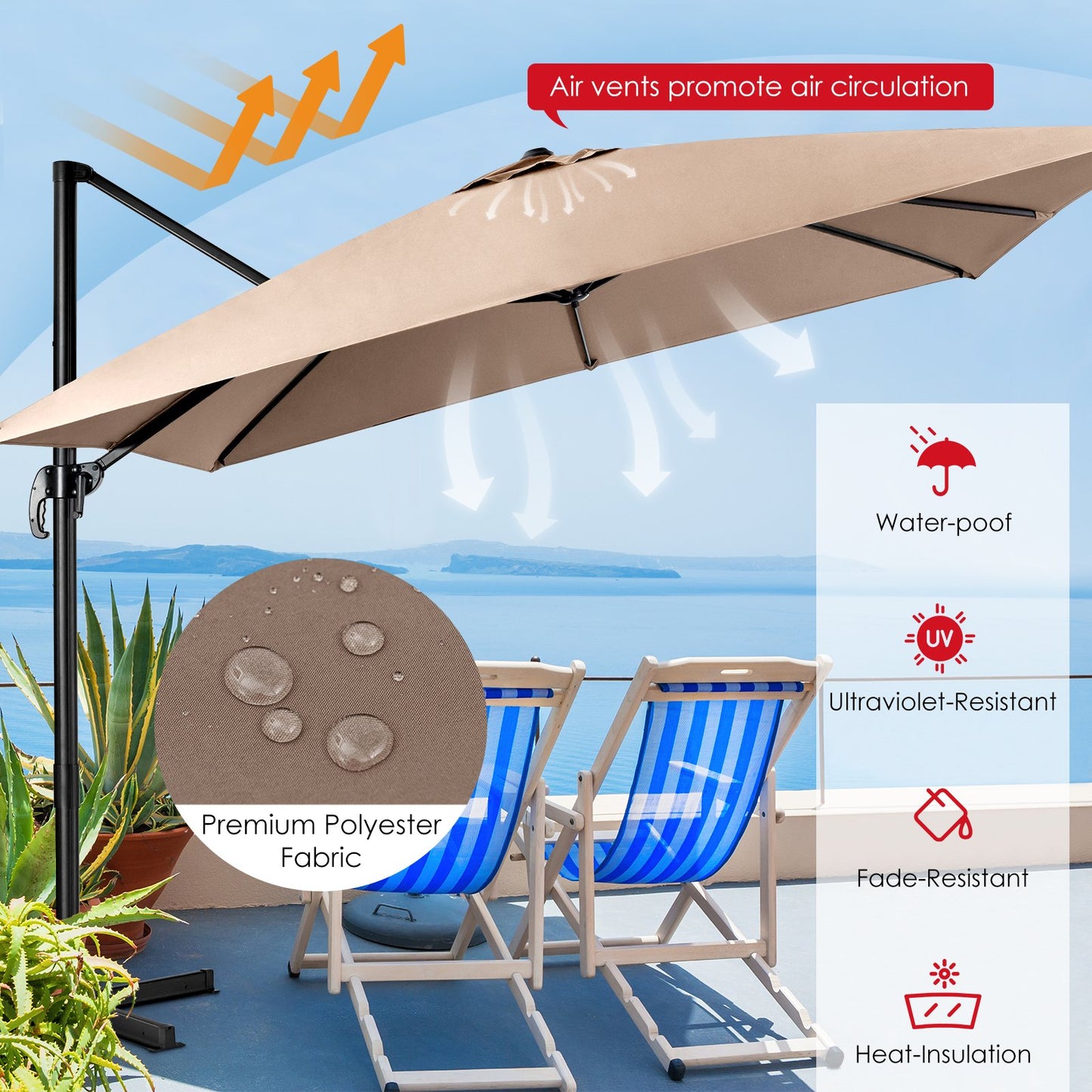Patio Umbrella Square Offset with Cross Base and Tilt Adjustable-Coffee