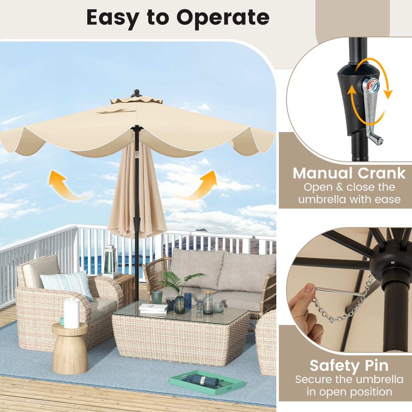 9 FT Patio Umbrella with Crank Handle and Push Button Tilt for Patio Garden Pool-Beige