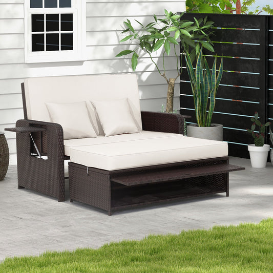 Patio Wicker Loveseat Sofa with Multipurpose Ottoman and Retractable Side Tray-White